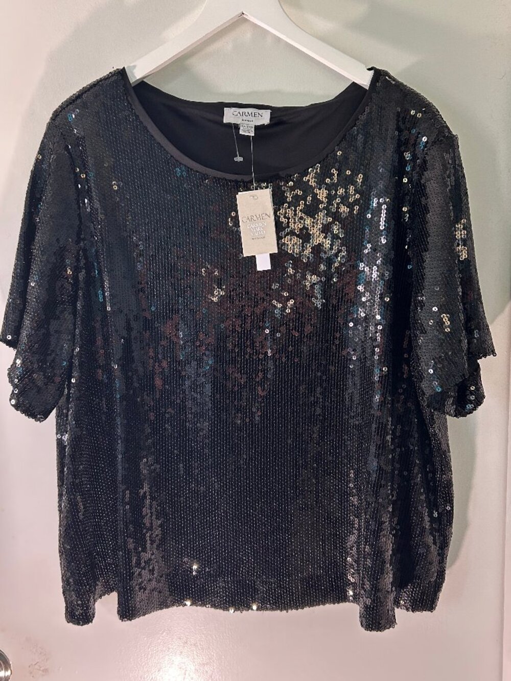 NWT Carmen Marc Valvo Woman 2X Black Sequin Top Plus Size Party Blouse - Picture 4 of 12